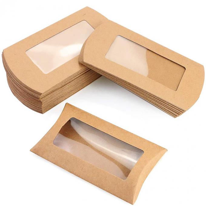 Embalaje de caja de almohada de galletas de ventana transparente con diseño personalizado y papel kraft de uso pesado 0